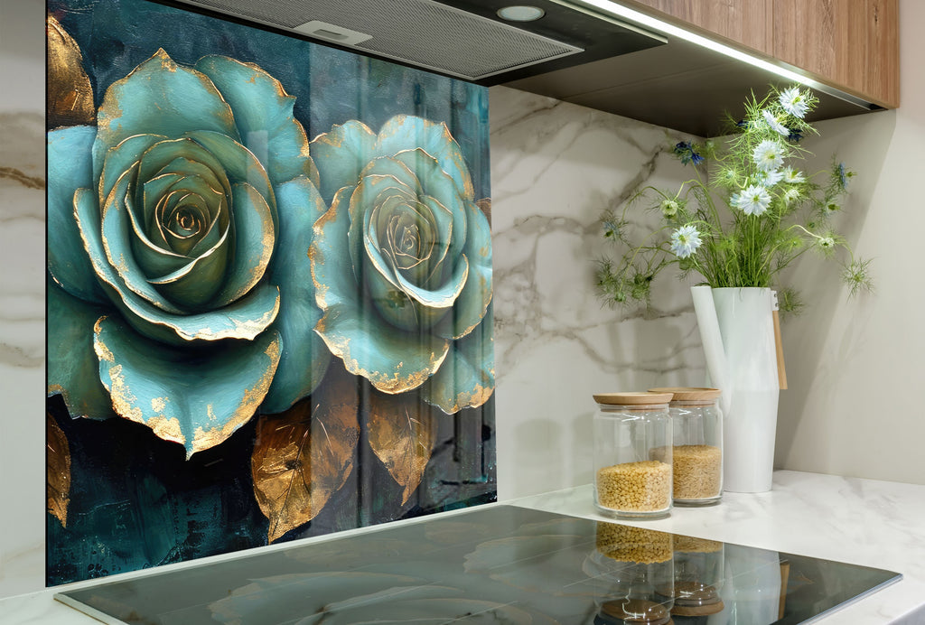 Golden Teal Roses - Glass Kitchen Backsplash-BacksplashArtworks