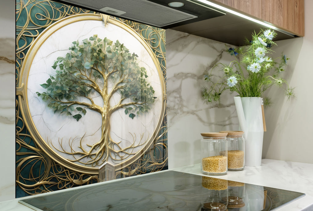 Green & White Life of Tree - Glass Kitchen Backsplash-BacksplashArtworks