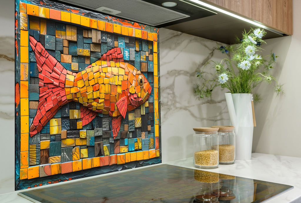 Vibrant Fish Mosaic Glass Kitchen Backsplash with Bold Color Design-BacksplashArtworks