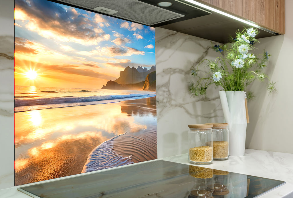 Majestic Mountain Beach Sunset Wall Art – Tempered Glass Kitchen Backsplash-BacksplashArtworks