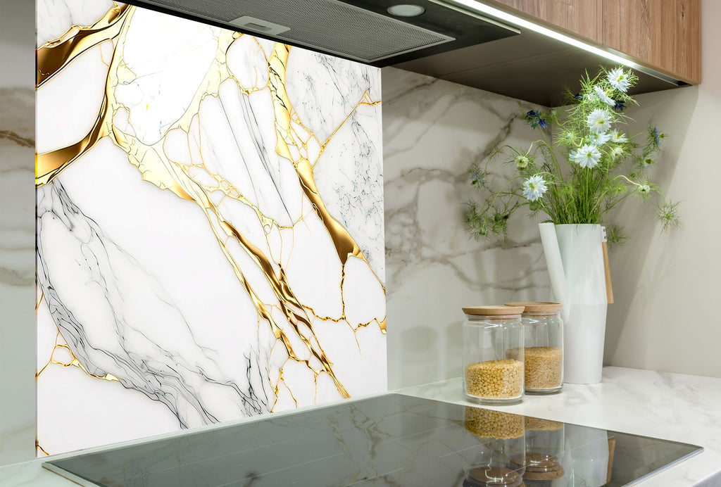 White & Gold Marble Elegance - Glass Kitchen Backsplash-BacksplashArtworks