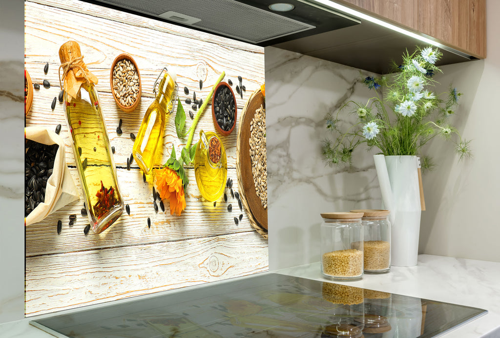 Sunflower Oil Harvest – Glass Kitchen Backsplash-BacksplashArtworks