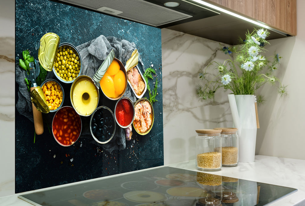Gourmet Canned Food Art – Glass Kitchen Backsplash-BacksplashArtworks