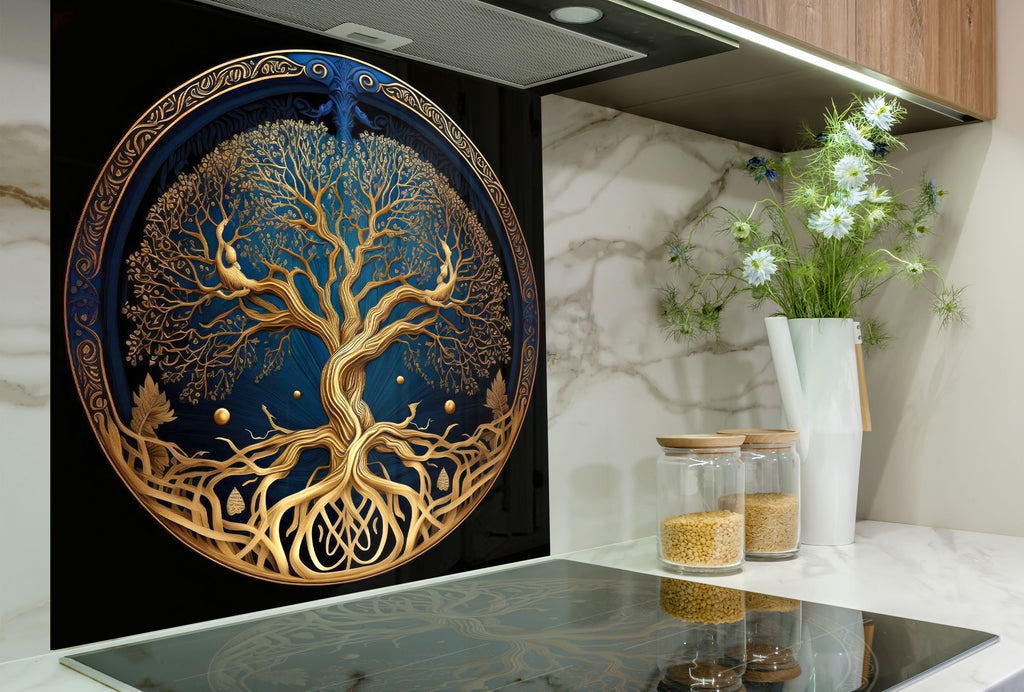 Golden Tree of Life - Tempered Glass Kitchen Backsplash-BacksplashArtworks