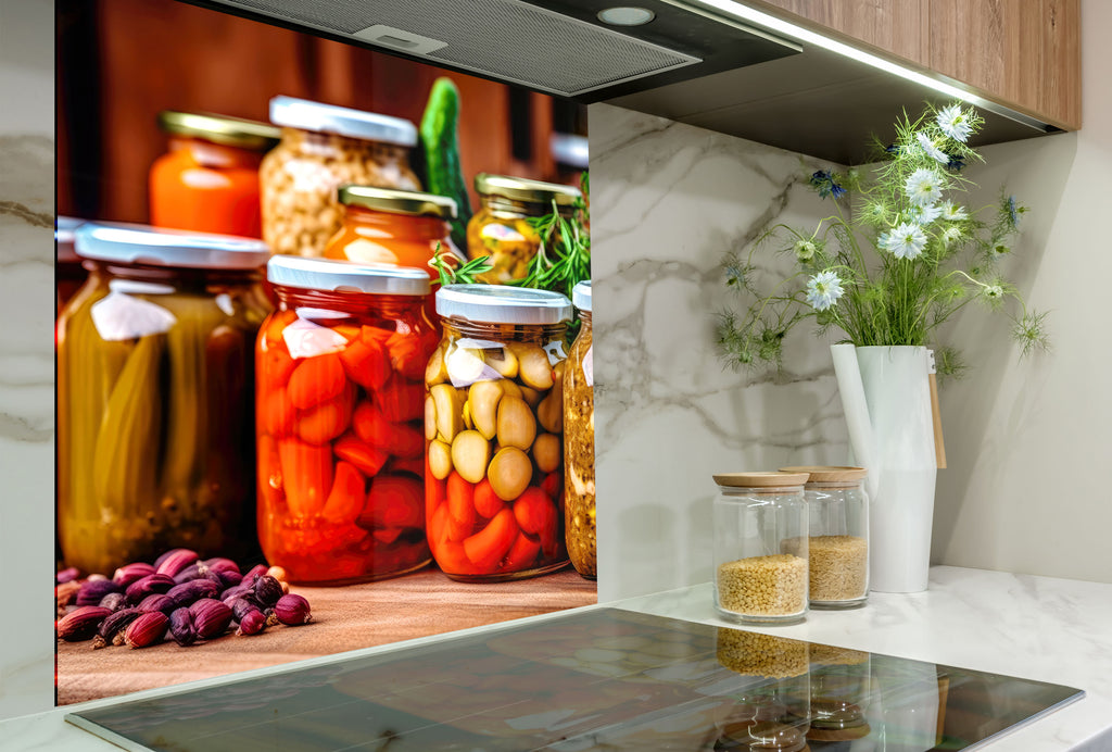 Rustic Pickled Pantry – Glass Kitchen Backsplash-BacksplashArtworks