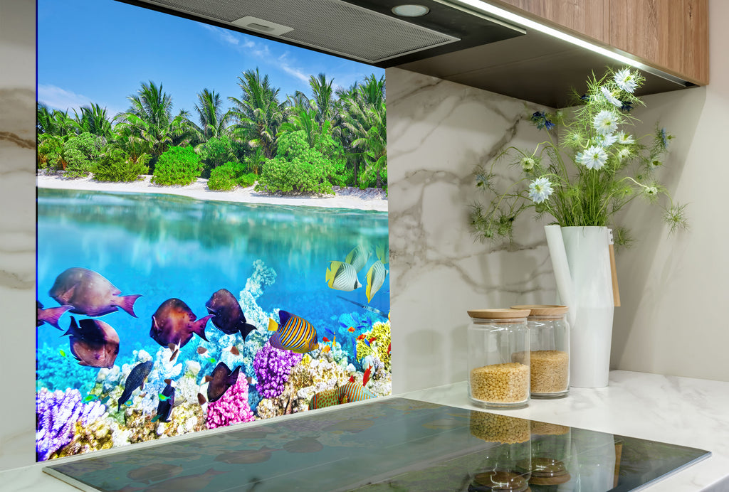Vibrant Coral Reef Aquarium Glass Kitchen Backsplash – Tropical Fish Scene-BacksplashArtworks