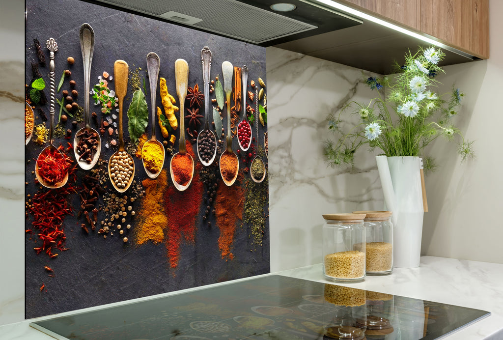 Vintage Spice Elegance - Tempered Glass Kitchen Backsplash-BacksplashArtworks