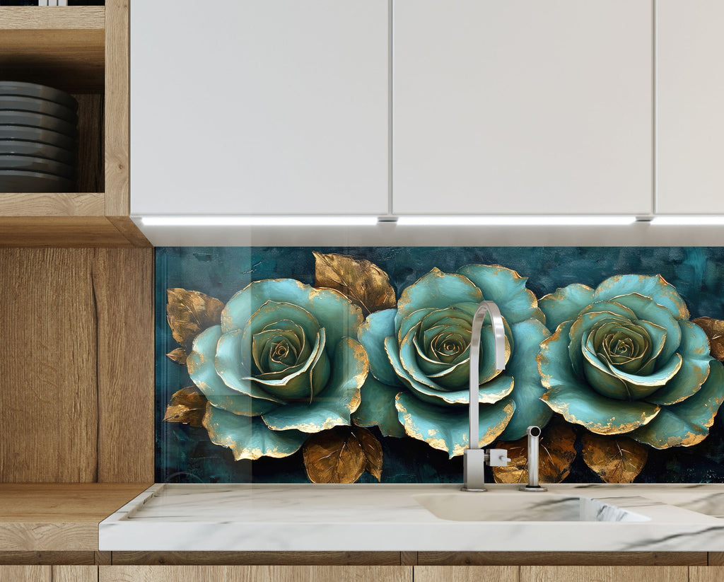 Golden Teal Roses - Glass Kitchen Backsplash-BacksplashArtworks