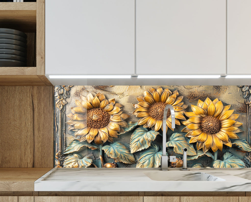 Vintage Sunflower Bloom - Glass Kitchen Backsplash-BacksplashArtworks