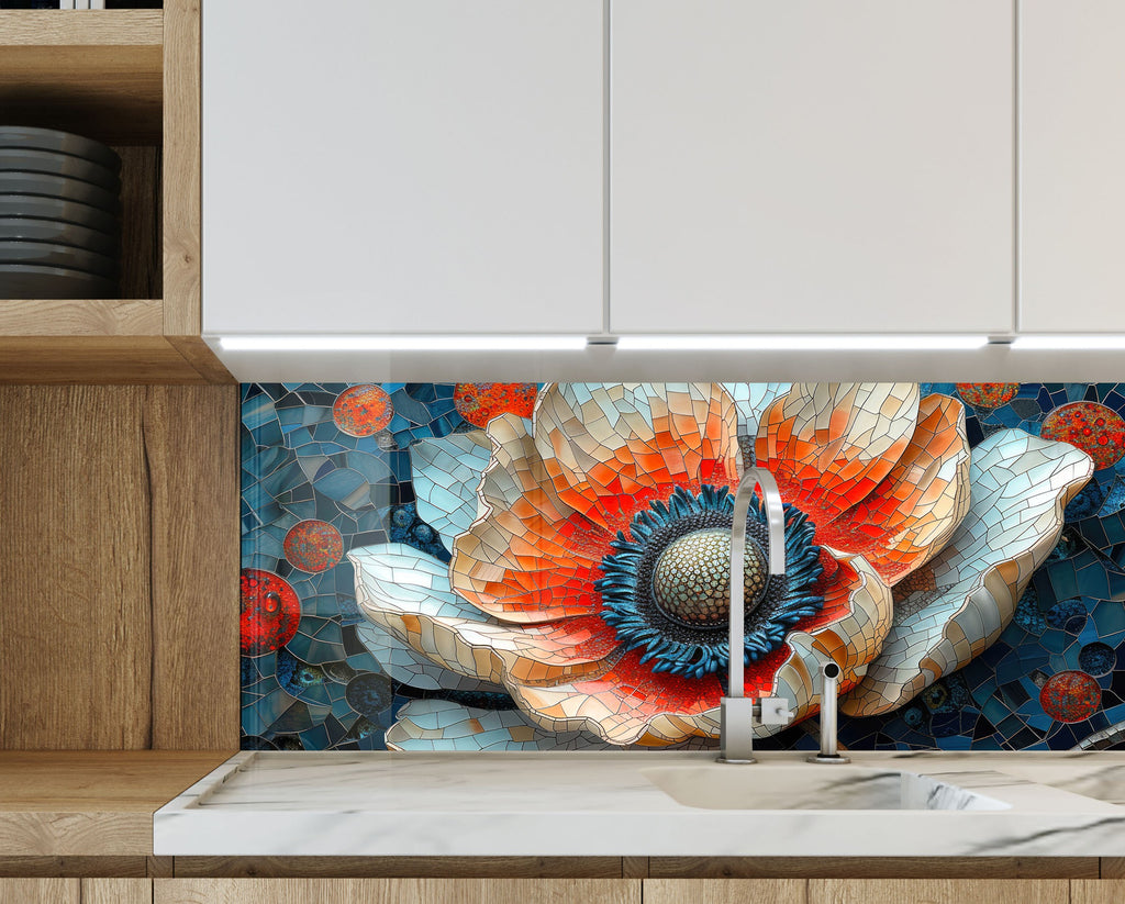 Mosaic Poppy Flower Art - Glass Kitchen Backsplash-BacksplashArtworks