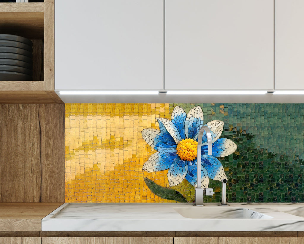 Mosaic Blue Blossom - Glass Kitchen Backsplash-BacksplashArtworks