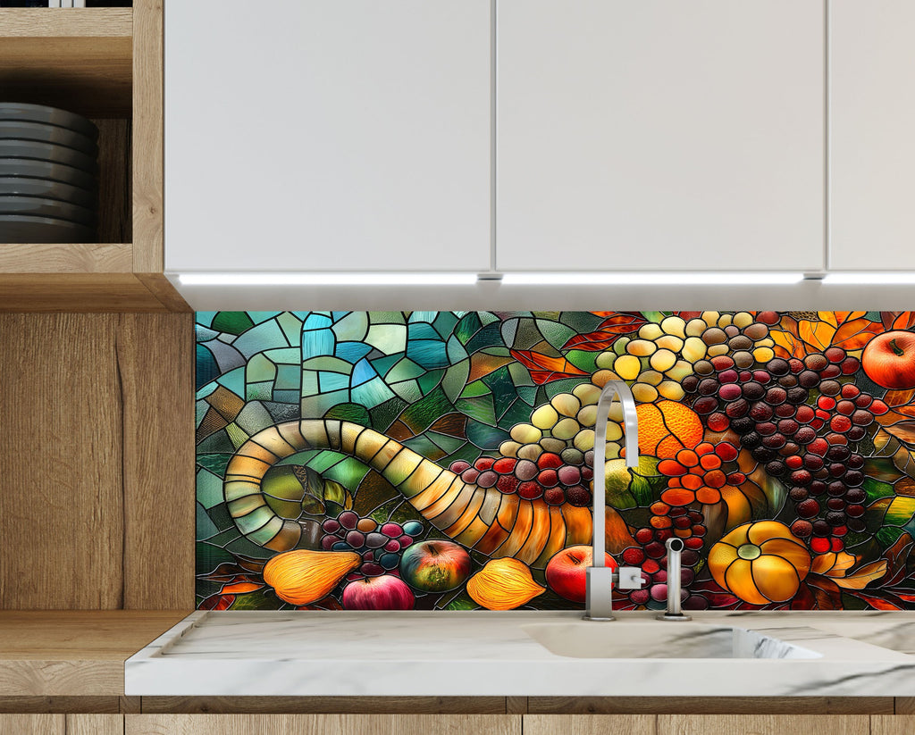 Rustic Harvest Glass Kitchen Backsplash – Colorful Fruit Cornucopia Design-BacksplashArtworks