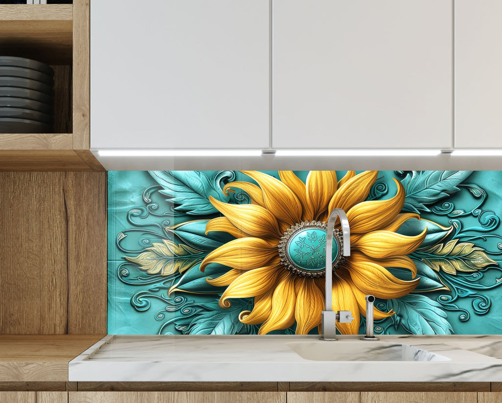 Golden Sunflower Elegance - Glass Kitchen Backsplash-BacksplashArtworks