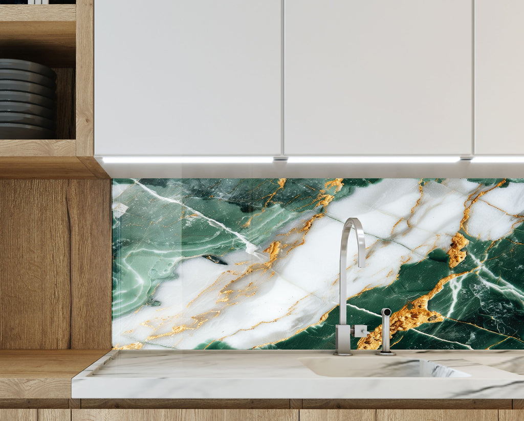 Green & White Gold Vein Marble - Glass Kitchen Backsplash-BacksplashArtworks