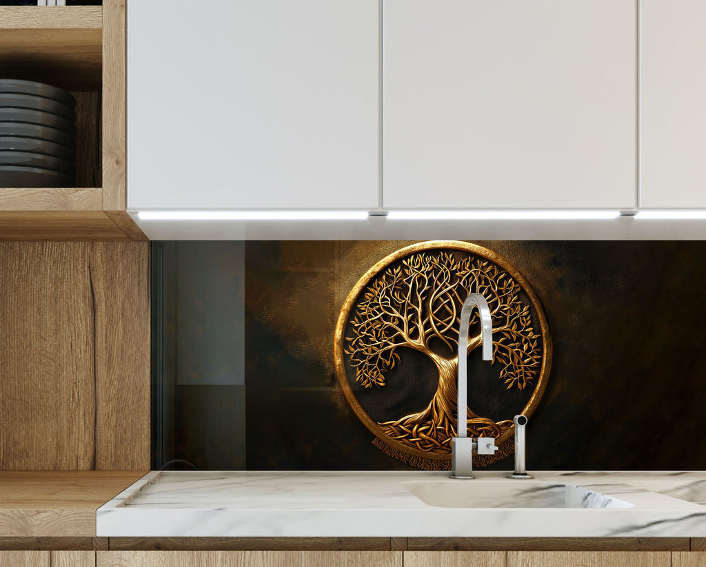 Gold & Brown Tree of Life - Glass Kitchen Backsplash-BacksplashArtworks
