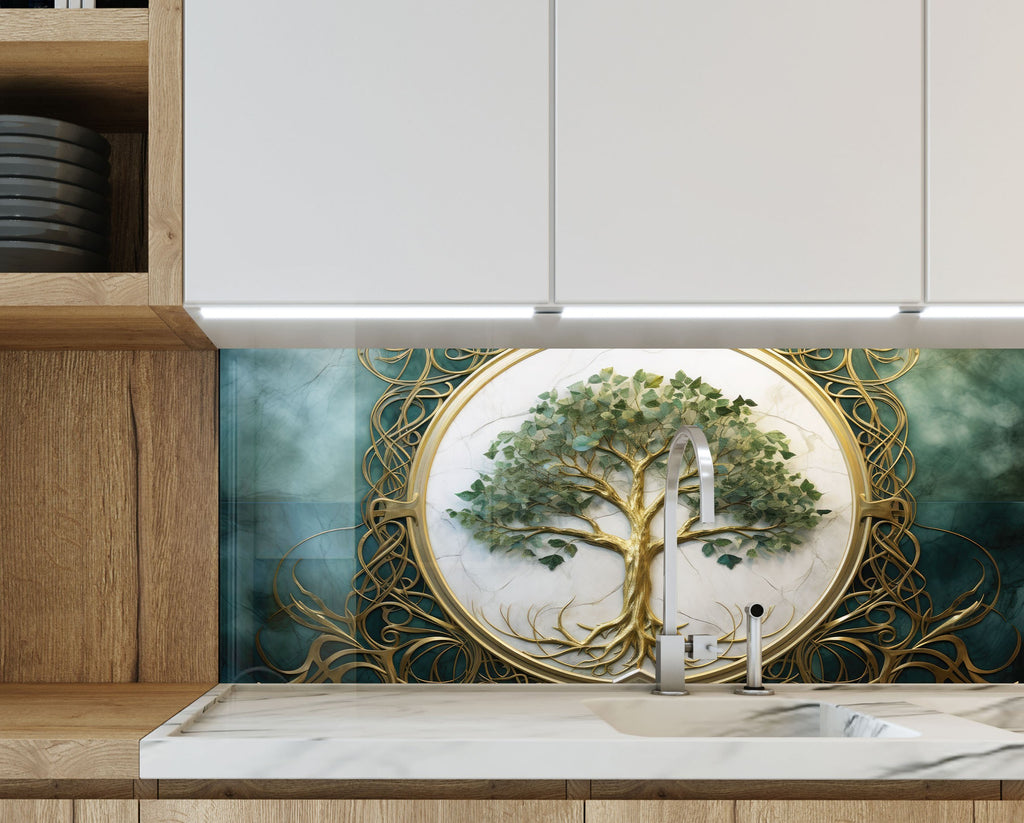 Green & White Life of Tree - Glass Kitchen Backsplash-BacksplashArtworks