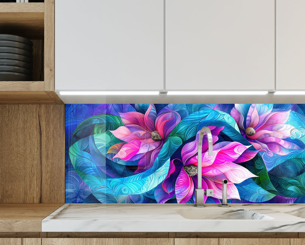 Vibrant Floral Harmony - Glass Kitchen Backsplash-BacksplashArtworks
