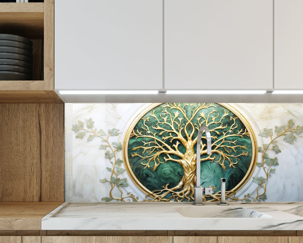 Golden & Green Tree of Life - Glass Kitchen Backsplash-BacksplashArtworks