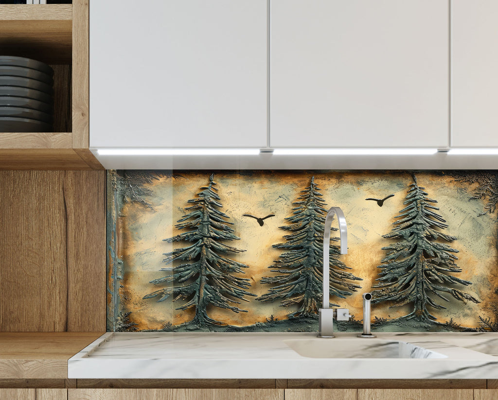 Rustic Forest Trees Wall Art - Tempered Glass Kitchen Backsplash-BacksplashArtworks