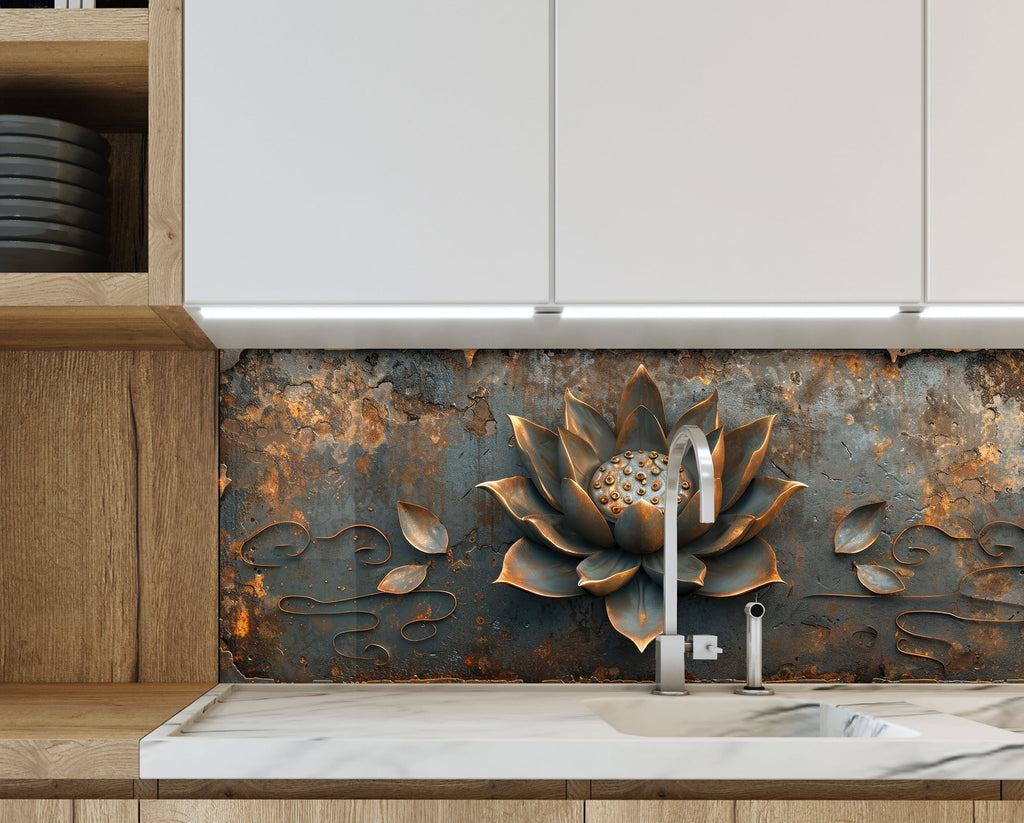 Rustic Lotus Blossom - Glass Kitchen Backsplash-BacksplashArtworks