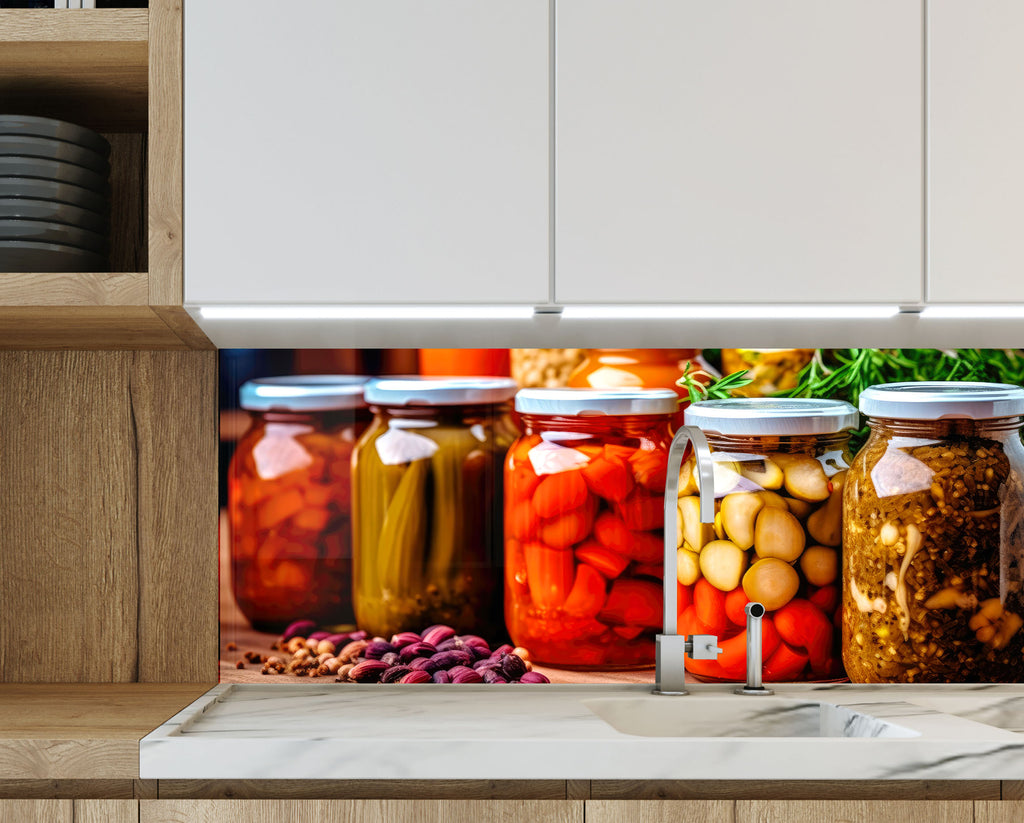 Rustic Pickled Pantry – Glass Kitchen Backsplash-BacksplashArtworks