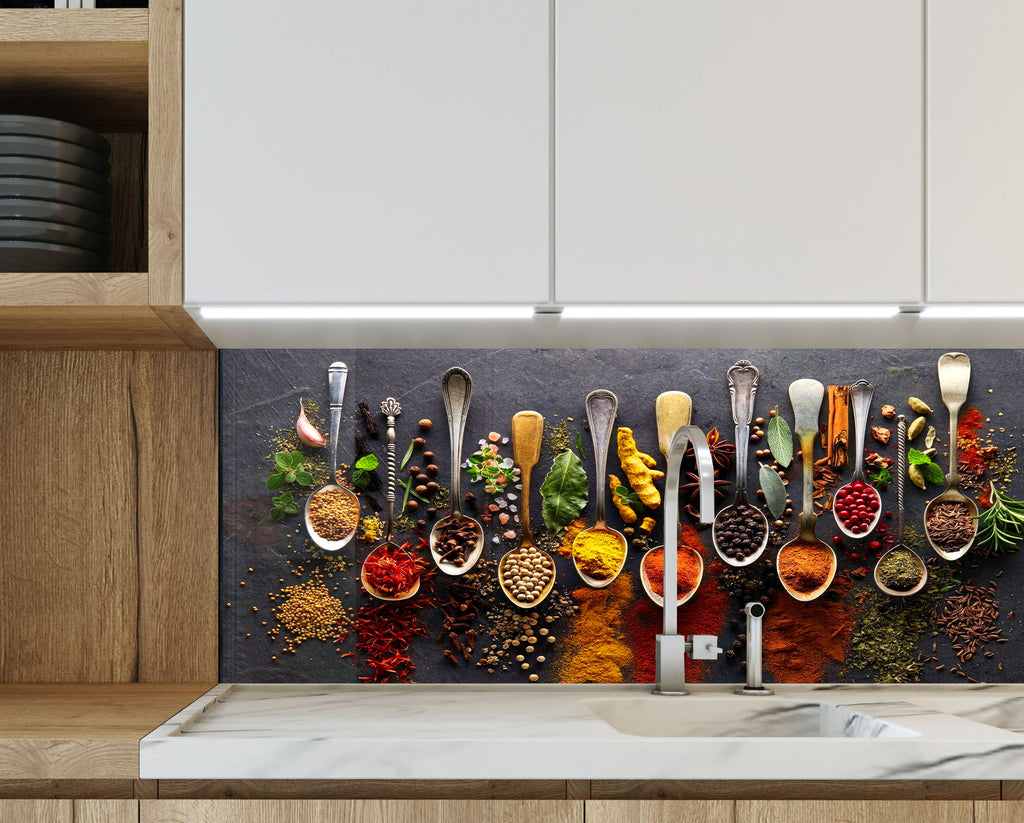 Vintage Spice Elegance - Tempered Glass Kitchen Backsplash-BacksplashArtworks