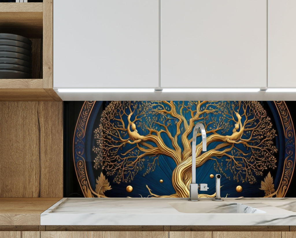 Golden Tree of Life - Tempered Glass Kitchen Backsplash-BacksplashArtworks