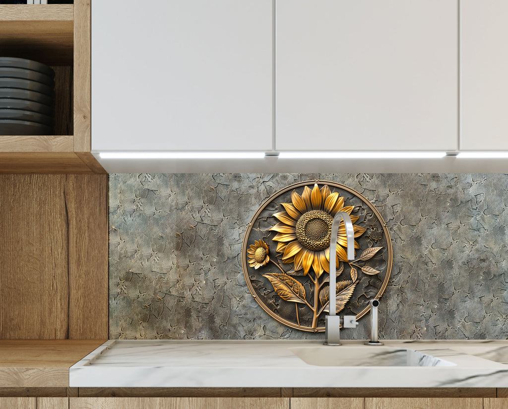 Rustic Sunflower Emblem - Glass Kitchen Backsplash-BacksplashArtworks