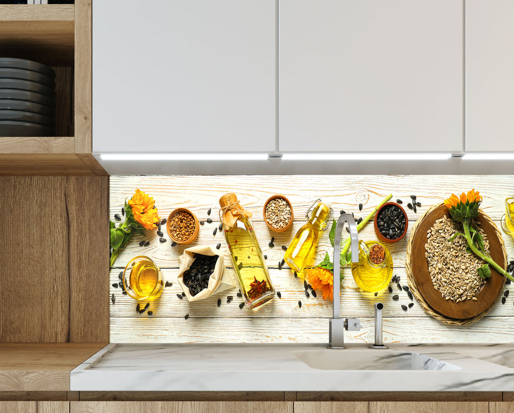 Sunflower Oil Harvest – Glass Kitchen Backsplash-BacksplashArtworks