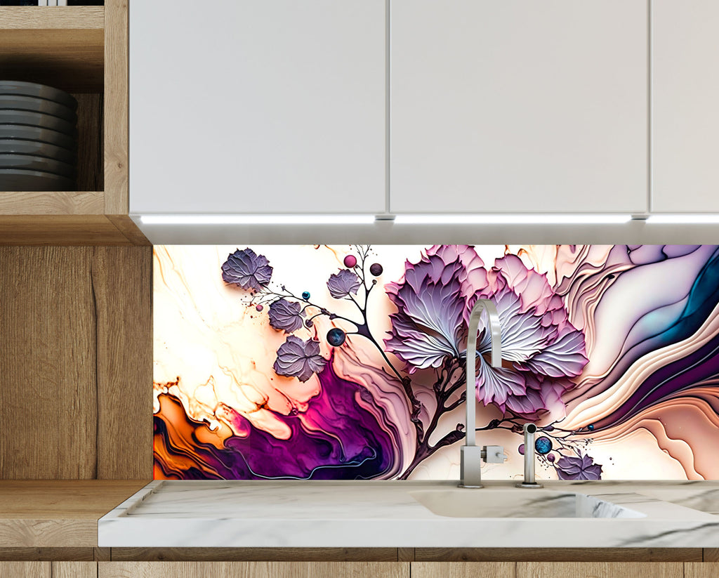 Mystic Floral Swirl - Glass Kitchen Backsplash-BacksplashArtworks