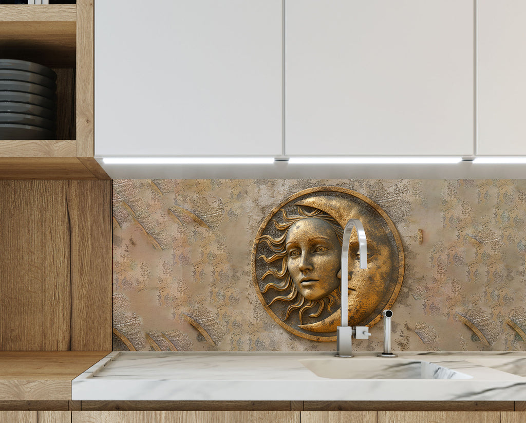 Moon & Sun Face Glass Kitchen Backsplash – Celestial Art Design-BacksplashArtworks