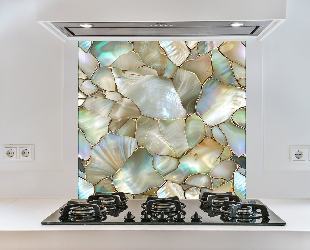 Pearlescent White & Gold - Glass Kitchen Backsplash-BacksplashArtworks