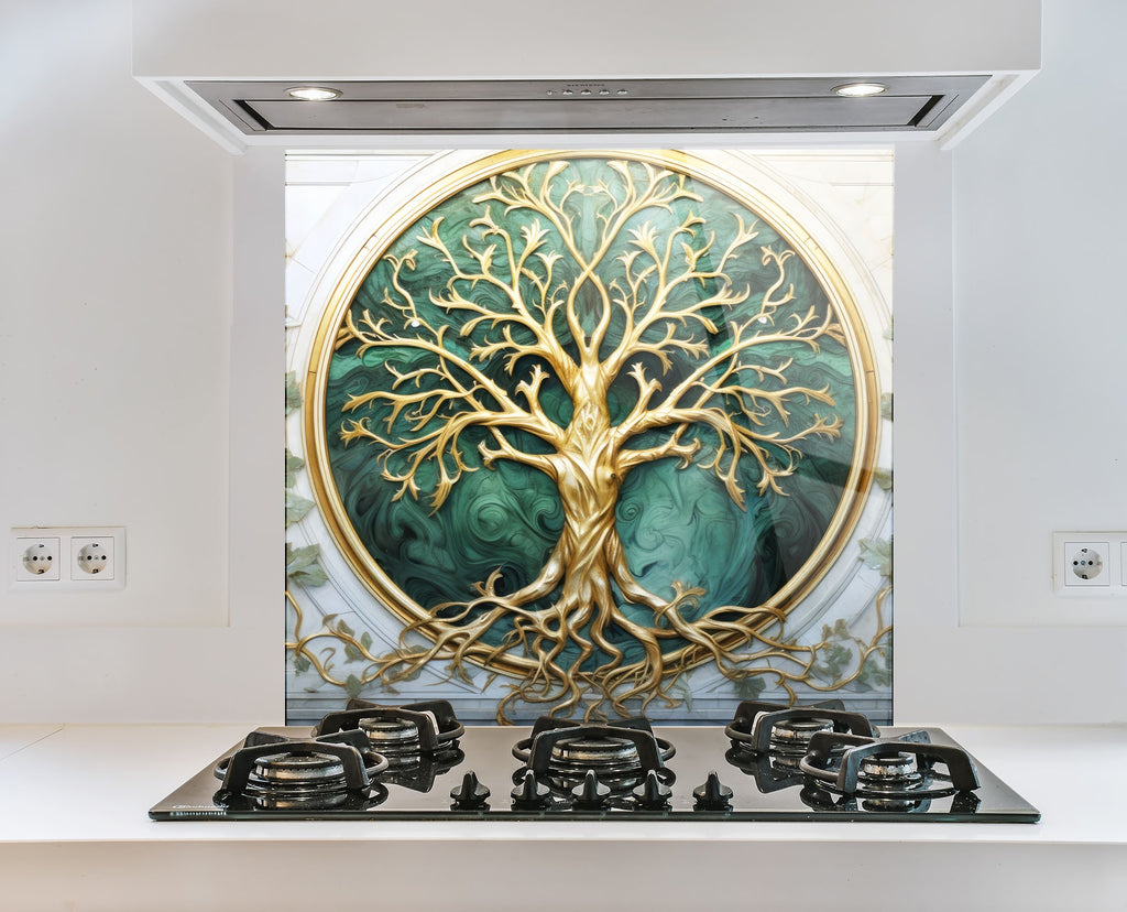 Golden & Green Tree of Life - Glass Kitchen Backsplash-BacksplashArtworks