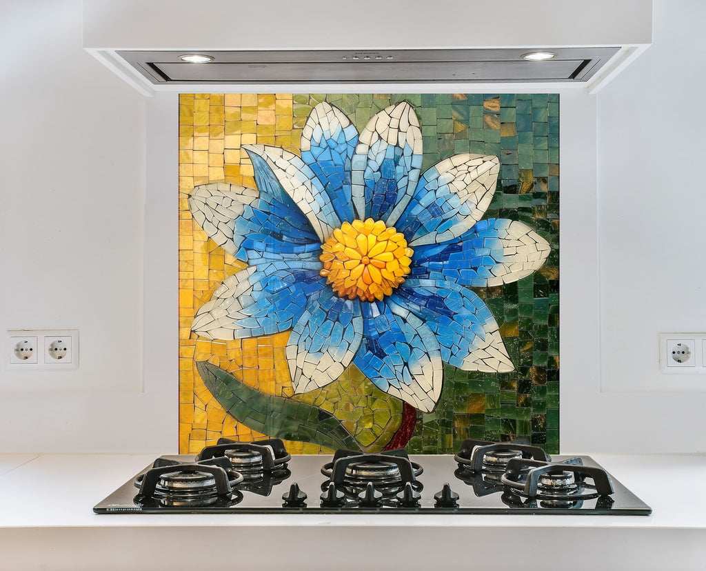 Mosaic Blue Blossom - Glass Kitchen Backsplash-BacksplashArtworks