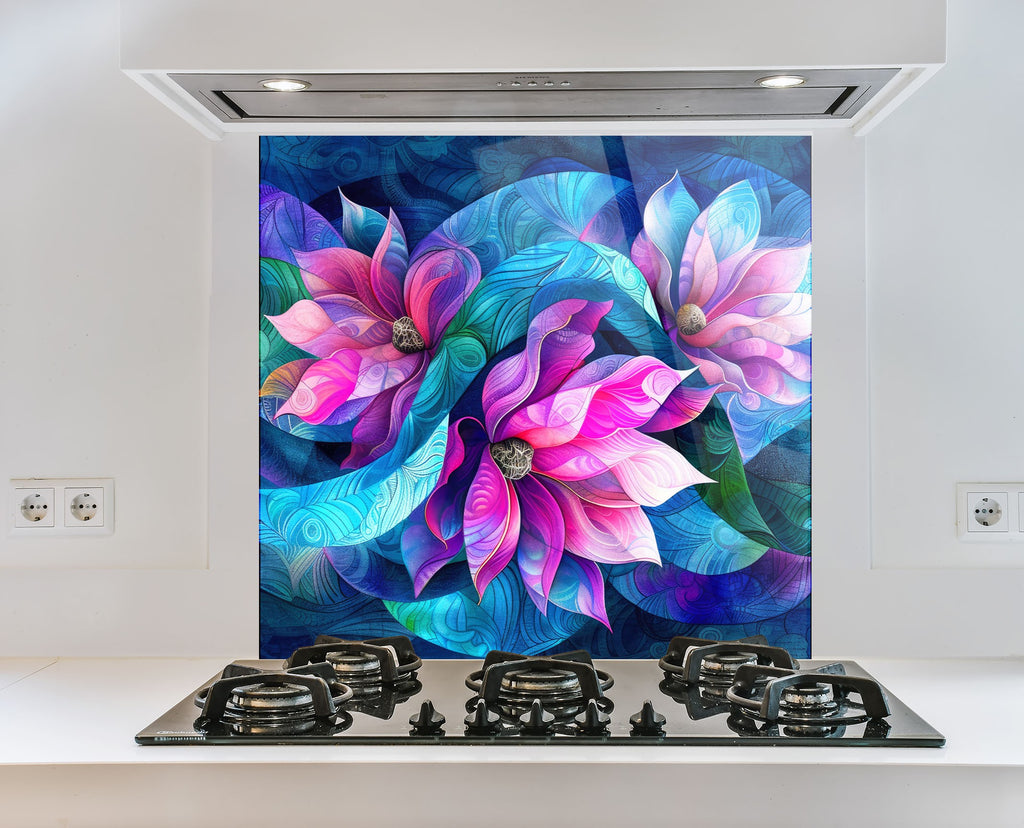 Vibrant Floral Harmony - Glass Kitchen Backsplash-BacksplashArtworks