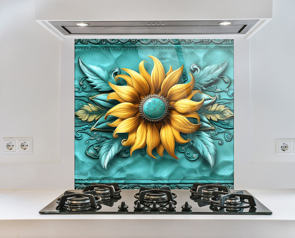 Golden Sunflower Elegance - Glass Kitchen Backsplash-BacksplashArtworks