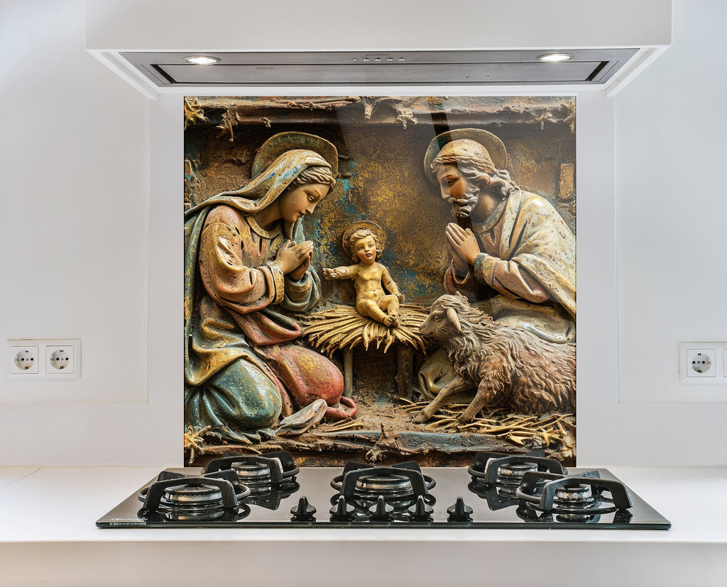 Holy Nativity Scene - Glass Kitchen Backsplash-BacksplashArtworks
