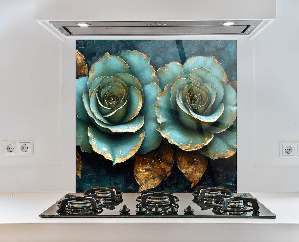 Golden Teal Roses - Glass Kitchen Backsplash-BacksplashArtworks