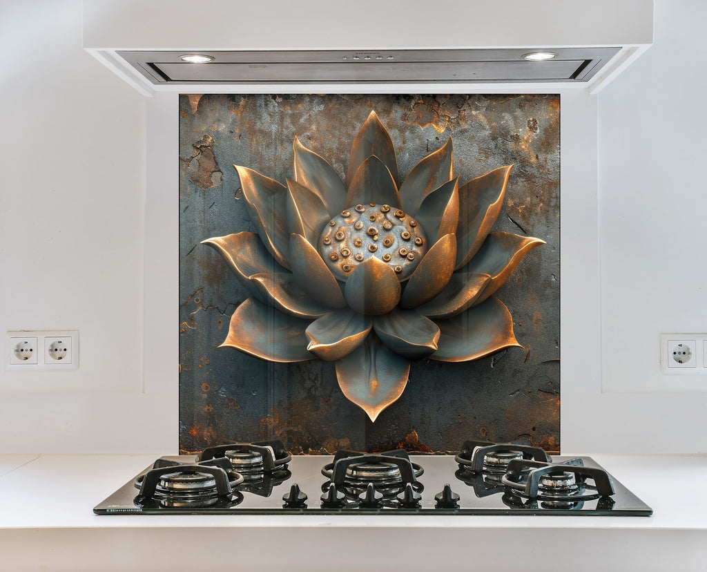 Rustic Lotus Blossom - Glass Kitchen Backsplash-BacksplashArtworks