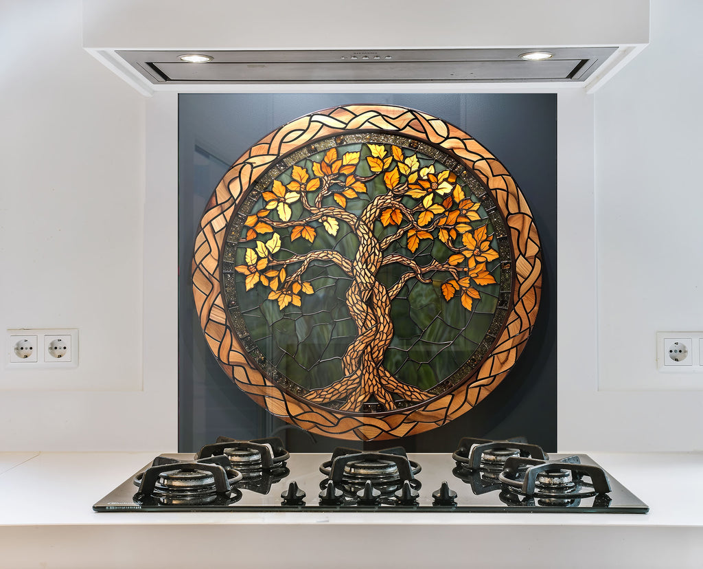 Golden Autumn Celtic Tree of Life - Glass Kitchen Backsplash-BacksplashArtworks