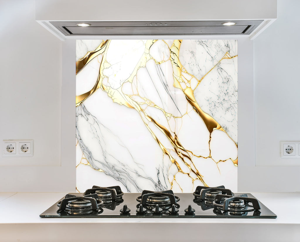 White & Gold Marble Elegance - Glass Kitchen Backsplash-BacksplashArtworks