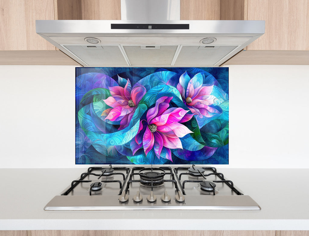 Vibrant Floral Harmony - Glass Kitchen Backsplash-BacksplashArtworks