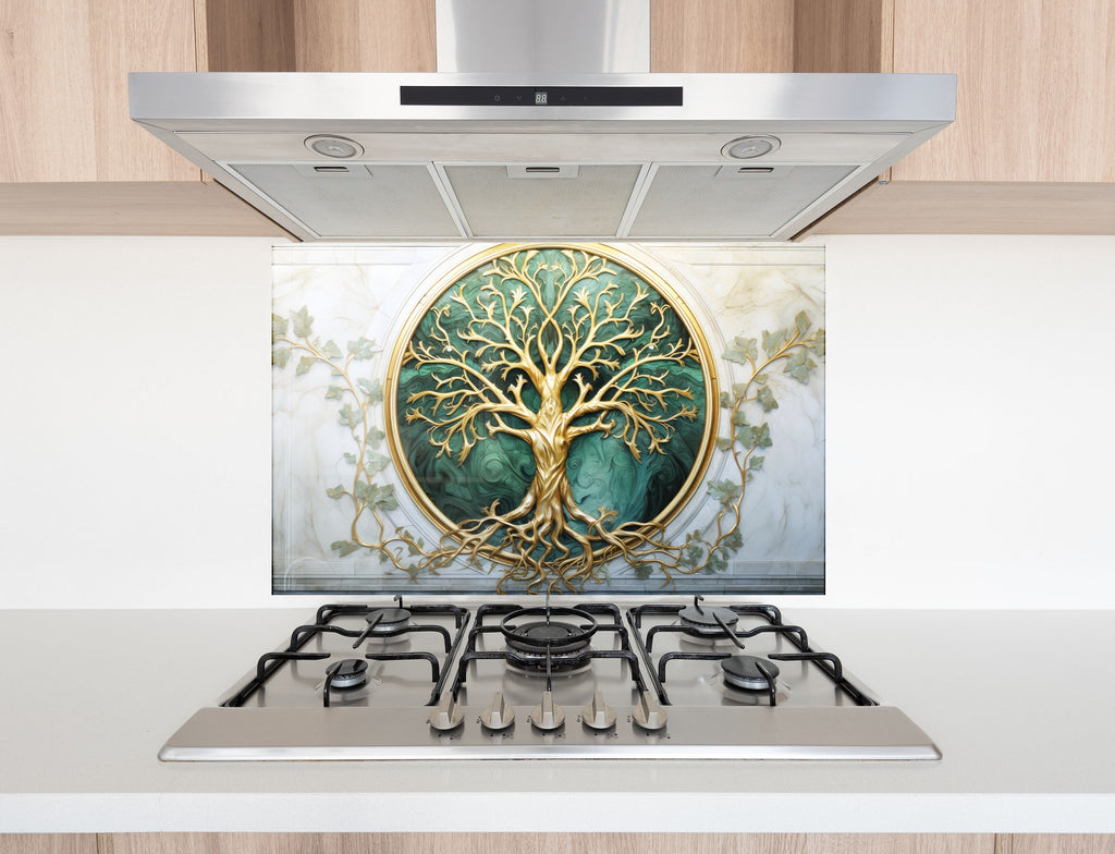 Golden & Green Tree of Life - Glass Kitchen Backsplash-BacksplashArtworks