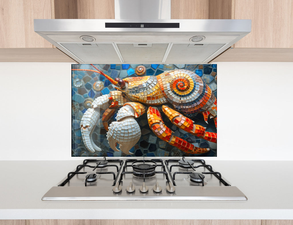 Mosaic Tempered Glass Kitchen Backsplash with Colorful Crab Design-BacksplashArtworks