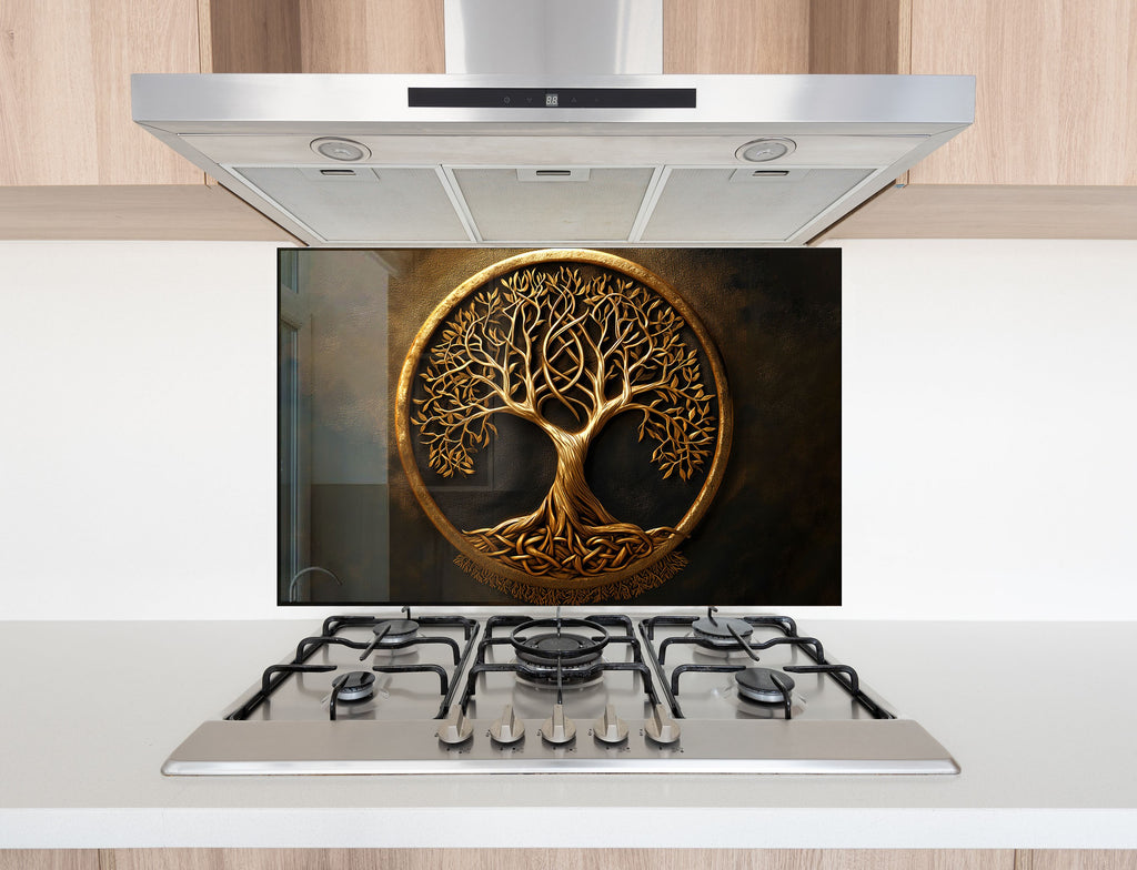 Gold & Brown Tree of Life - Glass Kitchen Backsplash-BacksplashArtworks