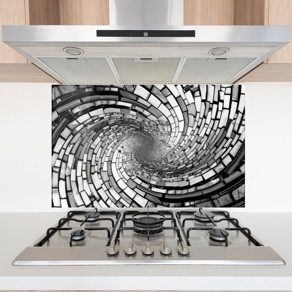 Monochrome Spiral - Glass Kitchen Backsplash-BacksplashArtworks