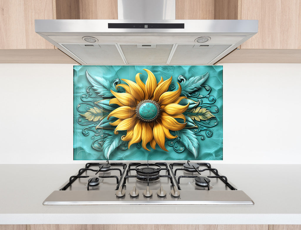 Golden Sunflower Elegance - Glass Kitchen Backsplash-BacksplashArtworks