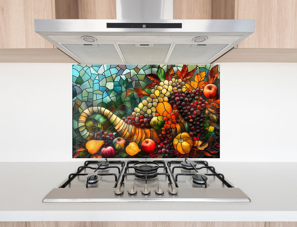 Rustic Harvest Glass Kitchen Backsplash – Colorful Fruit Cornucopia Design-BacksplashArtworks
