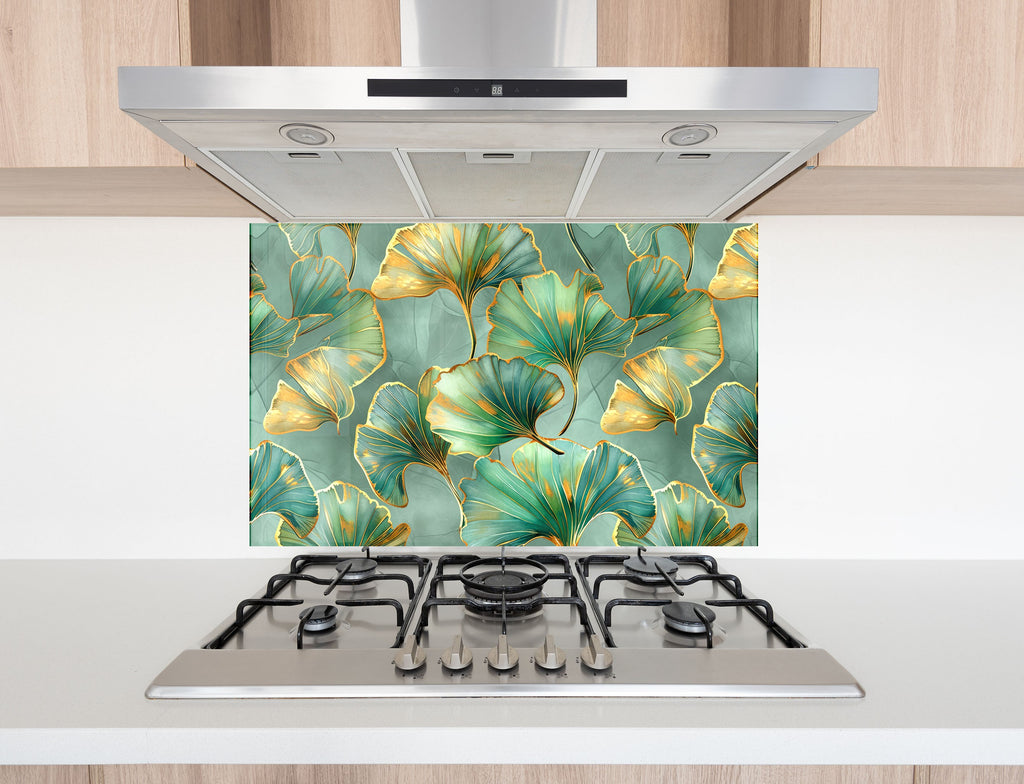 Golden Ginkgo Leaves - Glass Kitchen Backsplash-BacksplashArtworks