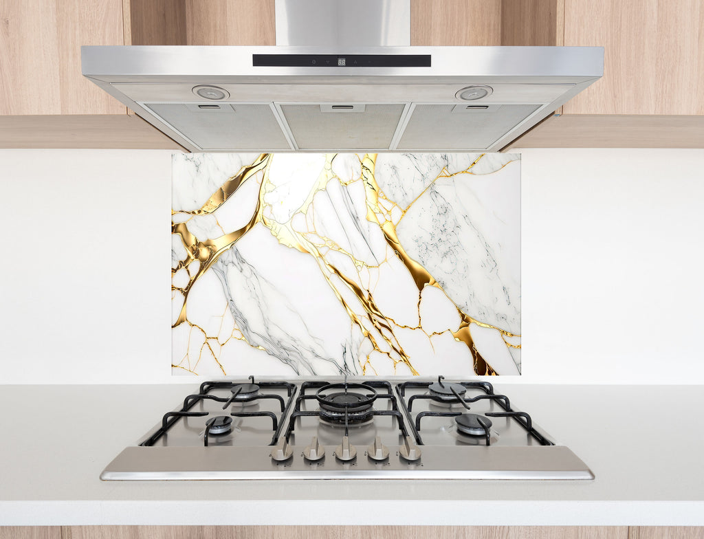 White & Gold Marble Elegance - Glass Kitchen Backsplash-BacksplashArtworks